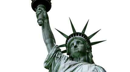 Isolated Statue of Liberty head with crown and raised torch arm, iconic symbol of freedom © Aoife