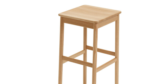 Isolated light natural wood bar stool, modern minimalist tall wooden chair for kitchen counter.
