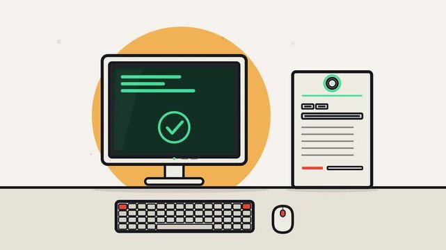 Flat thick line art desktop computer powers on, screen boots with progress bar and check mark, looping cleanly.