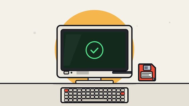 Flat line art retro computer boots up as a floppy disk slides into the drive, screen glows green and a check mark confirms the load.