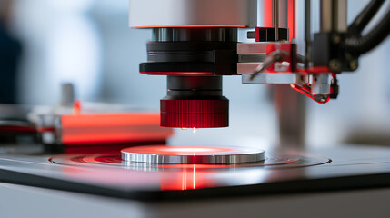 Plakat Advanced automated scientific equipment with red laser pointer and high precision optical sensor inside modern research laboratory clean room