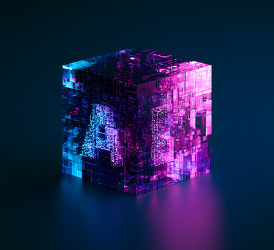 A futuristic technology 3D illustration of a neon glass AI data cube with digital pixels and squares in a glowing blue and purple gradient background. The structure features a geometric matrix and a c