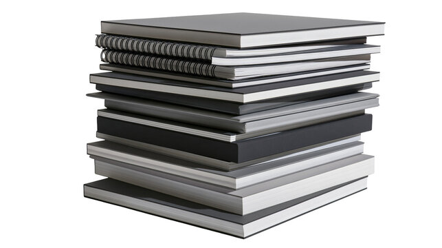 Isolated stack of professional gray and black books and spiral notebooks for office and study.