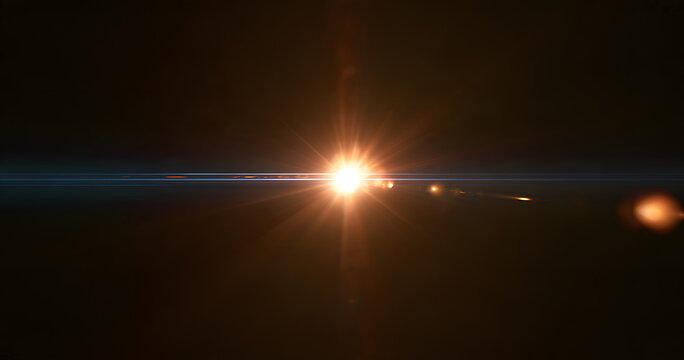 A lens flare overlay with a warm golden light source, a blue horizontal streak, realistic optical reflections, and a subtle glow on a black background. A premium visual effects asset.