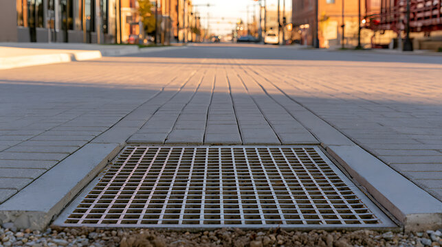 Low angle view of a metal storm drain grate embedded in a brick paver street in a city downtown center during early morning golden hour