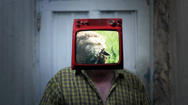 Surreal Man with Red Vintage TV on Head Showing Sheep Screen