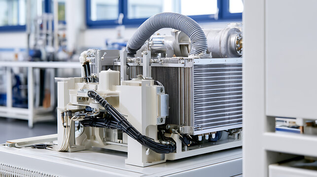 Advanced industrial cooling system and electric motor components inside a modern manufacturing factory setting during precision equipment testin