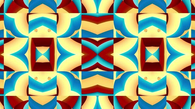 kaleidoscope of brow and blue and with warm colors moving on a beige background. hypnotic background reminiscent of geometric paintings