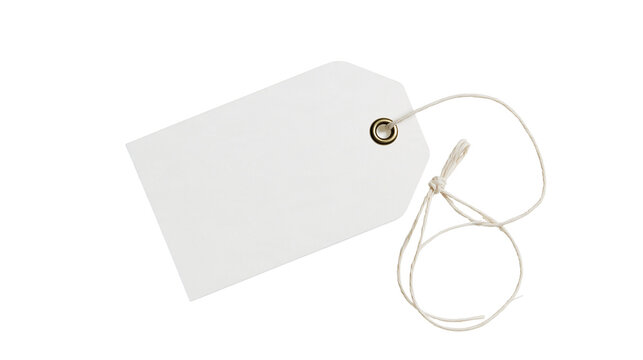 Isolated blank white paper gift tag with string and metal eyelet for retail or craft projects.