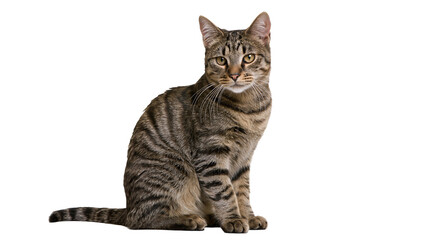 Isolated domestic tabby cat sitting alert and looking forward, a charming and curious feline pet © Aoife