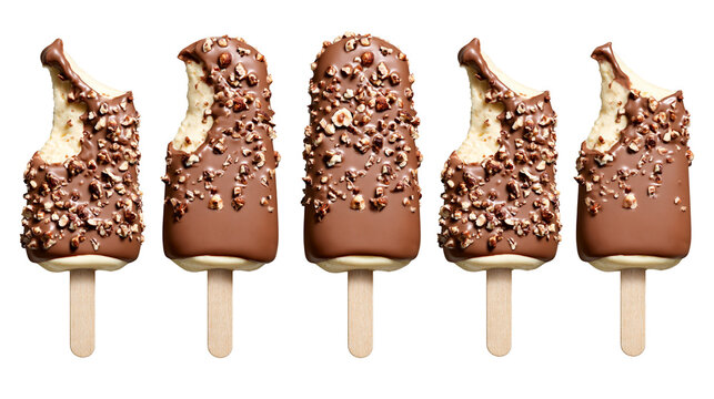 Isolated row of delicious chocolate nut covered ice cream bars on wooden sticks, some bitten