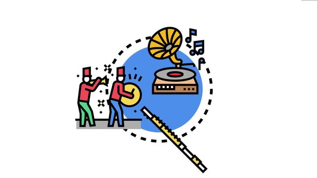 Illustrating musician figures performing with a trumpet and drum, alongside a gramophone and flute, symbolizing auditory art and rhythm