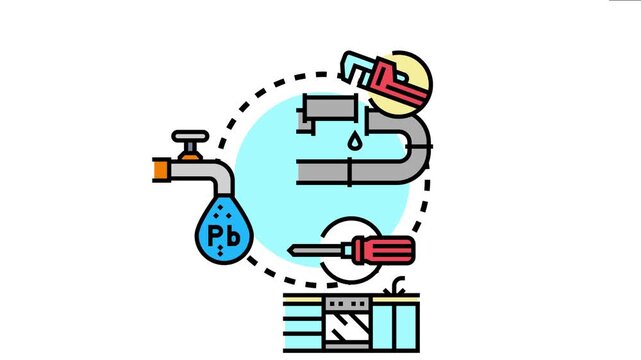 Icon plumbing leak, damaged pipe, flowing water, a faucet with a water drop containing pb symbol, and tools representing repair and potential water contamination problem