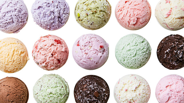 Isolated collection of colorful delicious sweet frozen dessert ice cream scoops different flavors