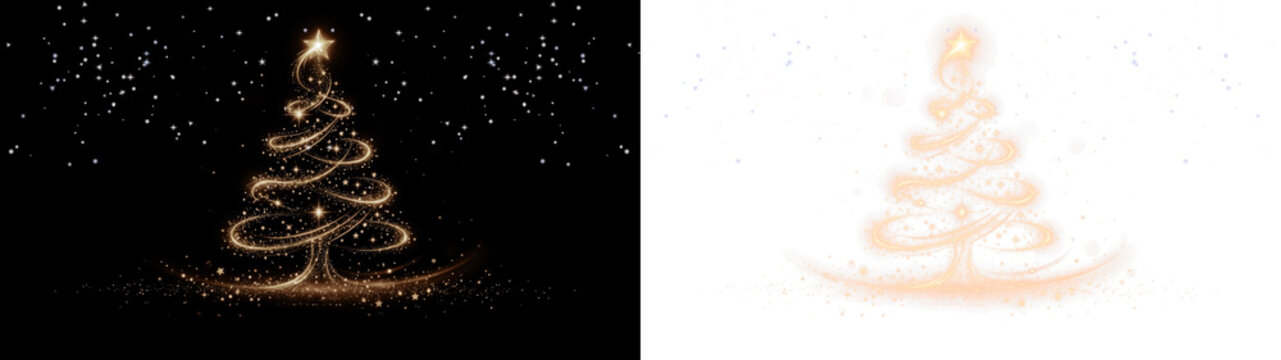 Golden light swirl tree with wide elliptical loops, glowing star on top, short trunk and glitter dust ground PNG, isolated on transparent background