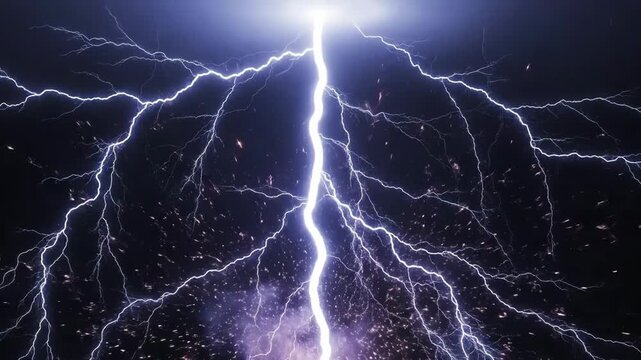 Slow motion static shot of lightning bolts striking and branching across night sky over open landscape during storm at night