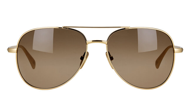 Isolated elegant golden frame aviator sunglasses with brown tinted lenses, stylish accessory