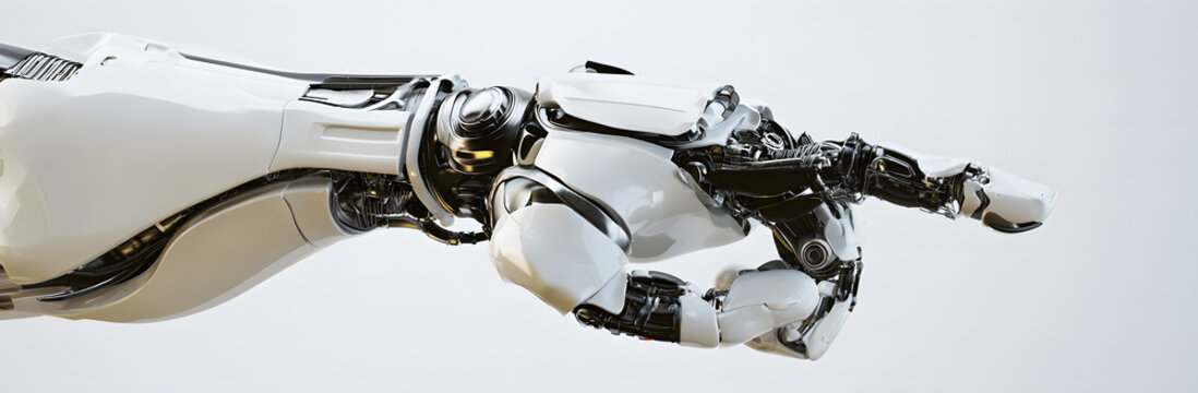 A robotic hand pointing forward is clad in white metallic armor, showcasing intricate mechanical parts and complex engineering