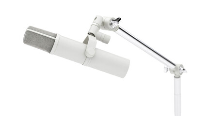 Isolated white studio condenser microphone on a modern boom arm for professional audio © Cian