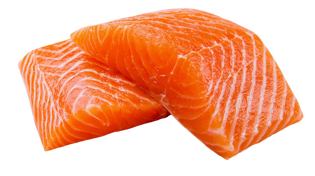 Isolated two fresh raw salmon fillets delicious omega-3 rich seafood for healthy cooking and diet