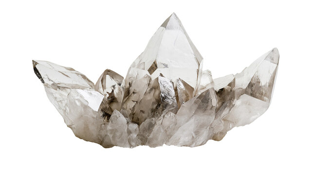 Isolated natural raw clear quartz crystal cluster, rough uncut transparent mineral formation