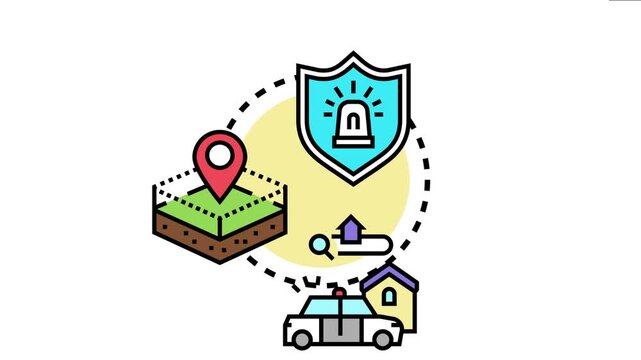 Police shield icon protecting a defined territorial land with a gps marker, a police vehicle, and a house, representing jurisdictional security and community safety services