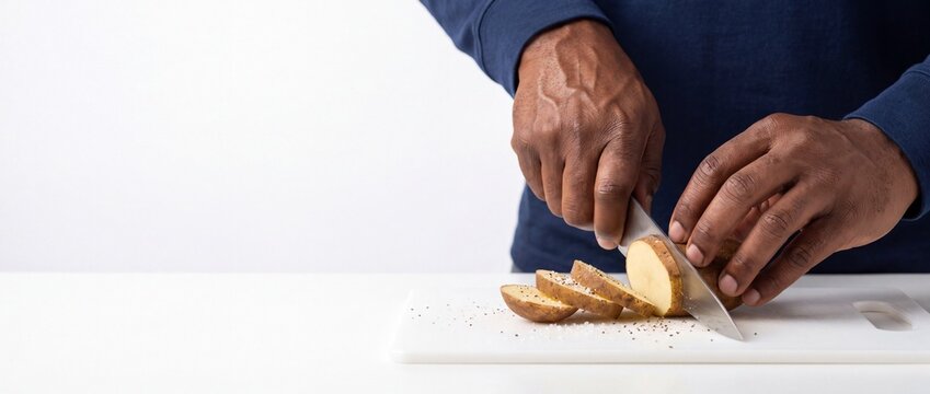 Person cutting a potato into thin slices on a white plastic cutting board
