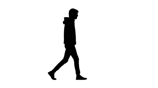 Isolated silhouette of casual young man walking confidently, with symbolic text B (440) below