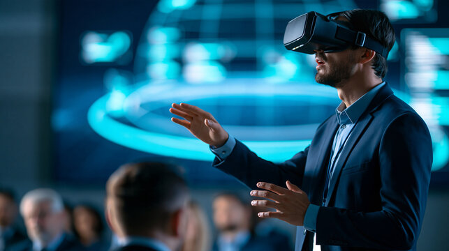 Male speaker presenting virtual reality applications to an audience at a technology convention, generic digital environment displayed behind him, immersive technology, virtual