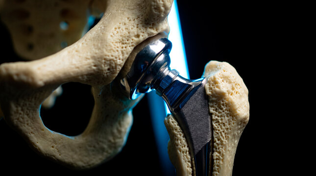 Close-up of a metal hip replacement fitted into pelvic and femoral bone