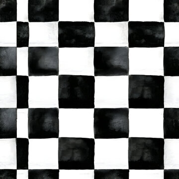 Black and White Watercolor Checkered Seamless Design, Trendy Geometric Striped Background