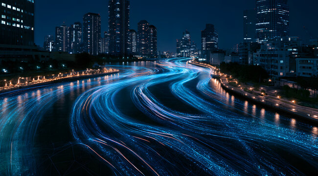 Glimmering digital currents traverse the nighttime city waterway. Artificial intelligence scrutinizes information, visualizing the urban infrastructure. Advanced smart city technology forecasts future