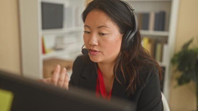 Woman with headset speaking into microphone at computer while gesturing at screen in an office building; customer support focused.