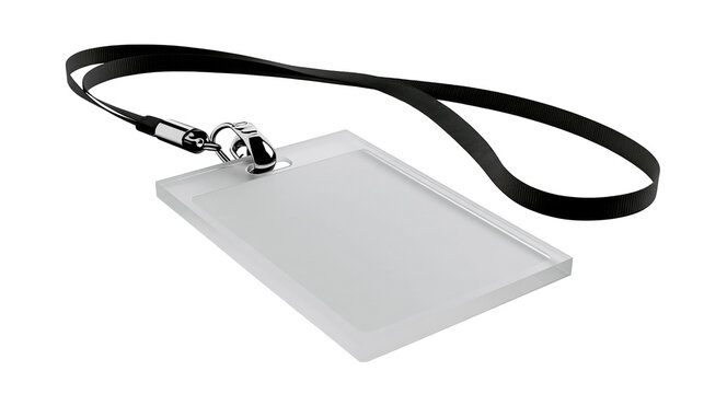 Isolated clear plastic identification badge holder with black neck strap and metallic clip