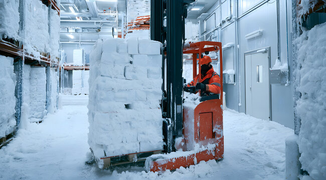 In a cold storage warehouse with temperatures as low as minus 25 degrees Celsius, an Electric Reach Truck moves pallets