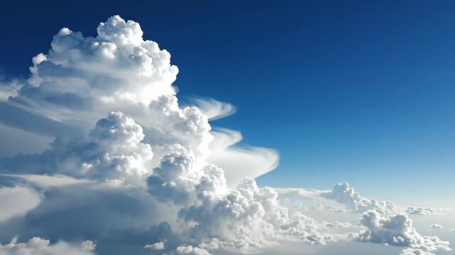 Aerial slow motion rise over towering cumulonimbus cloud formation above clear blue sky during daytime