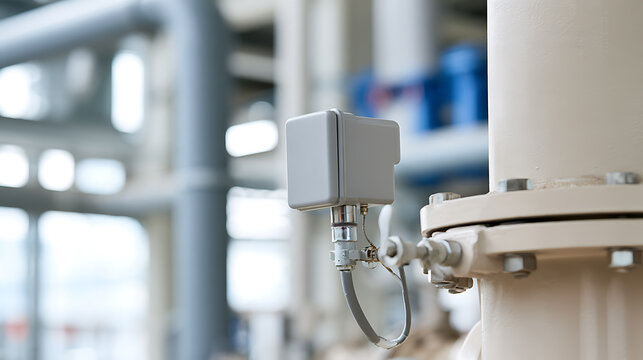 Industrial pressure sensor transmitter mounted on pipeline valve within manufacturing facility plant processing production unit machinery sector