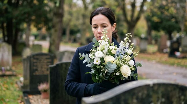 Woman holding white flowers at a grave in a cemetery. Memorial tribute and remembrance. Funeral mourning, loss and grief. Bereavement and sympathy concept.