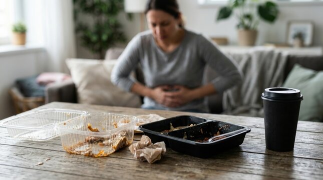 Woman experiencing stomach pain and bloating after eating fast food.