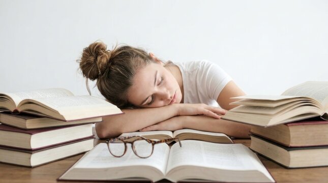 Tired student falls asleep while studying surrounded by piles of books.