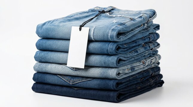 Stack of blue denim jeans with a blank white price tag on a white background.