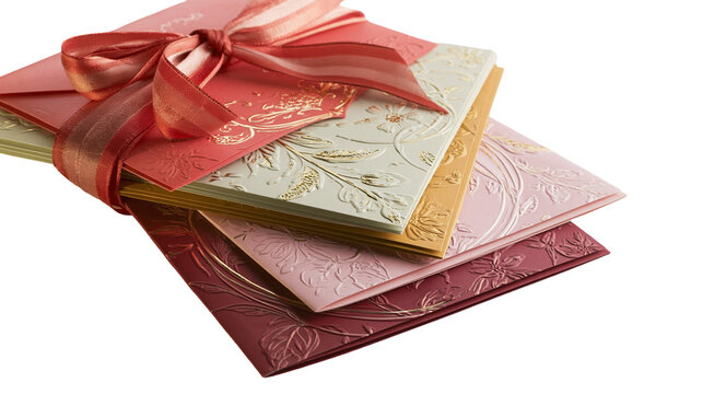 Isolated stack of elegant embossed greeting cards tied with a decorative red ribbon bow.