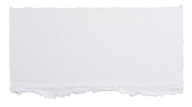 Isolated rough textured white paper piece with natural deckle edges, creative design element