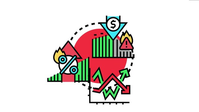 Political instability risk causing market fluctuations, declining investments, and economic uncertainty, depicted with financial charts, a warning sign, and a decreasing dollar value