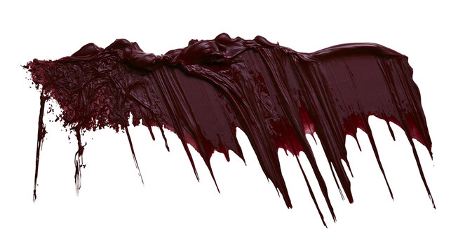 Isolated thick dark red paint texture swipe with drips and flowing stains, abstract vibrant liquid
