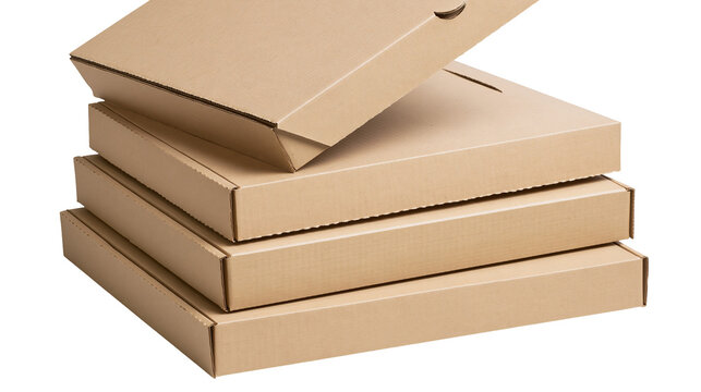 Isolated stack of four blank brown corrugated cardboard pizza delivery boxes or mailer packaging