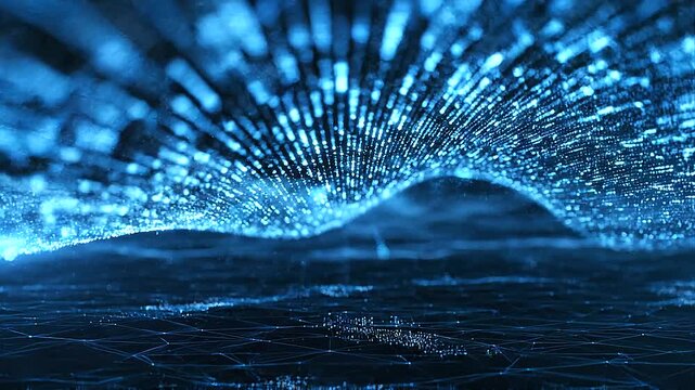 Abstract futuristic technology data wave background with a massive glowing blue digital wave flowing through a dark environment, artificial intelligence, big data analytics, data visualization, digita