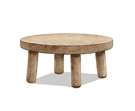 Watercolor vintage wooden low chair stool on four legs isolated on white background. Hand drawn illustration sketch