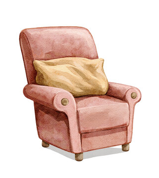 Watercolor vintage soft, comfortable, cozy red and pink armchair with  cushion pillow isolated on white background. Hand drawn illustration sketch