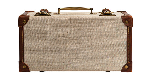 Isolated elegant vintage storage box with fabric texture, antique leather edges and metal handle